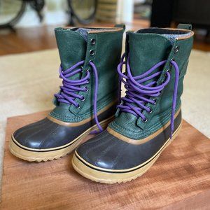 Sorel 1964 Leather/Canvas Winter Boots, Wool Lined, Green w/ Purple Laces, W10